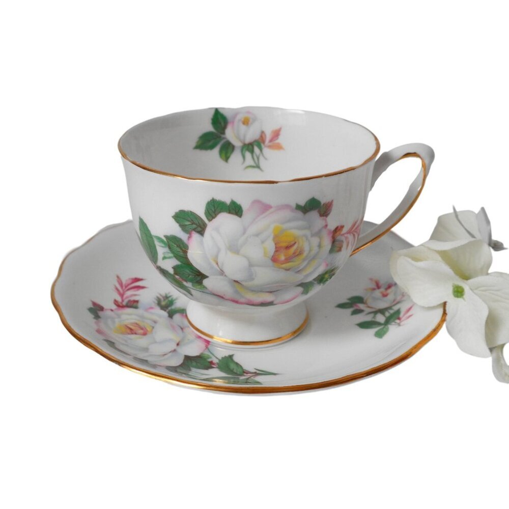 Tea Cup and Saucer Saucer Vintage Teacup and Saucer Royal Vale White Rose